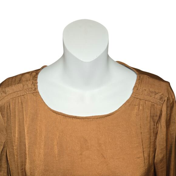 T Tahari Womens Small Blouse Brown Smocked Long Sleeve Pleated Boho Festival - Picture 3 of 10